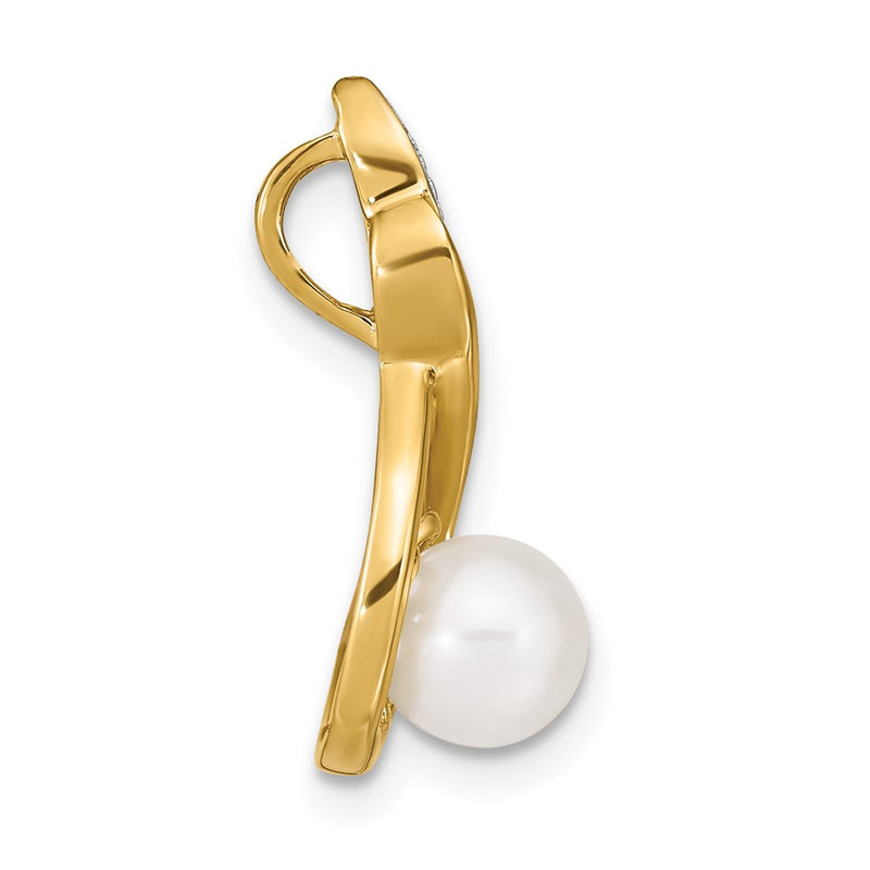 14k 6 7mm White Round Freshewater Cultured Pearl and Diamond Pendant