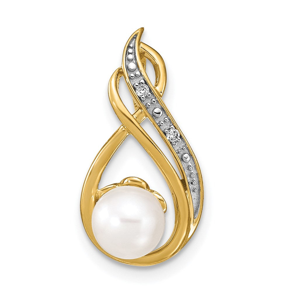 14k 6 7mm White Round Freshewater Cultured Pearl and Diamond Pendant