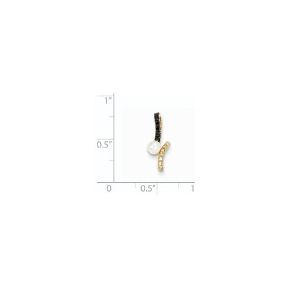 14K Yellow Gold Black & White Real Diamond & 4-5mm Round FW Cultured Pearl Pendant