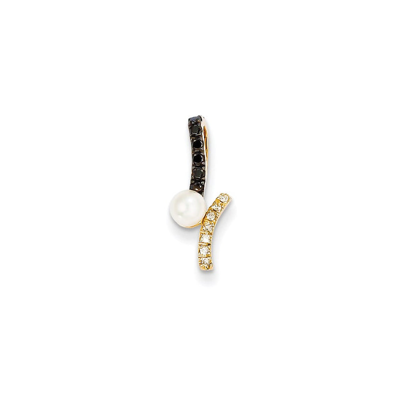 14K Yellow Gold Black & White Real Diamond & 4-5mm Round FW Cultured Pearl Pendant