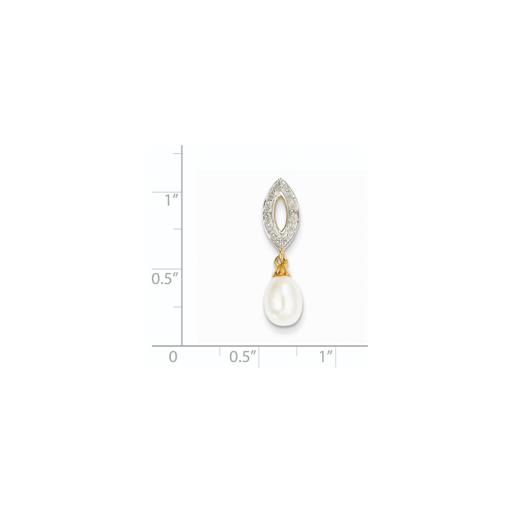 14K Yellow Gold Real Diamond and 8x6mm FW Cultured Pearl Oval Pendant