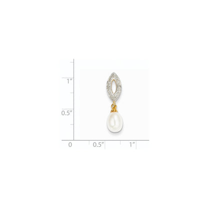 14K Yellow Gold Real Diamond and 8x6mm FW Cultured Pearl Oval Pendant