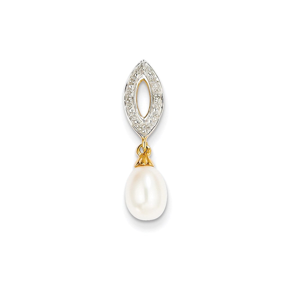 14K Yellow Gold Real Diamond and 8x6mm FW Cultured Pearl Oval Pendant