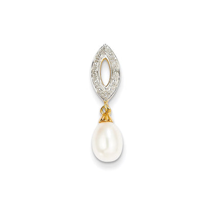 14K Yellow Gold Real Diamond and 8x6mm FW Cultured Pearl Oval Pendant