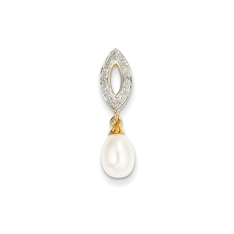 14K Yellow Gold Real Diamond and 8x6mm FW Cultured Pearl Oval Pendant