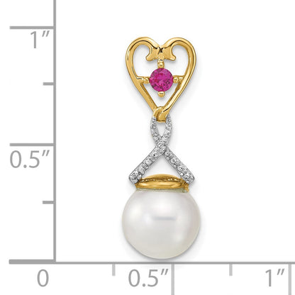 14k Diamond 8 9mm Round FW Cultured Pearl Created Composite Ruby Pendant