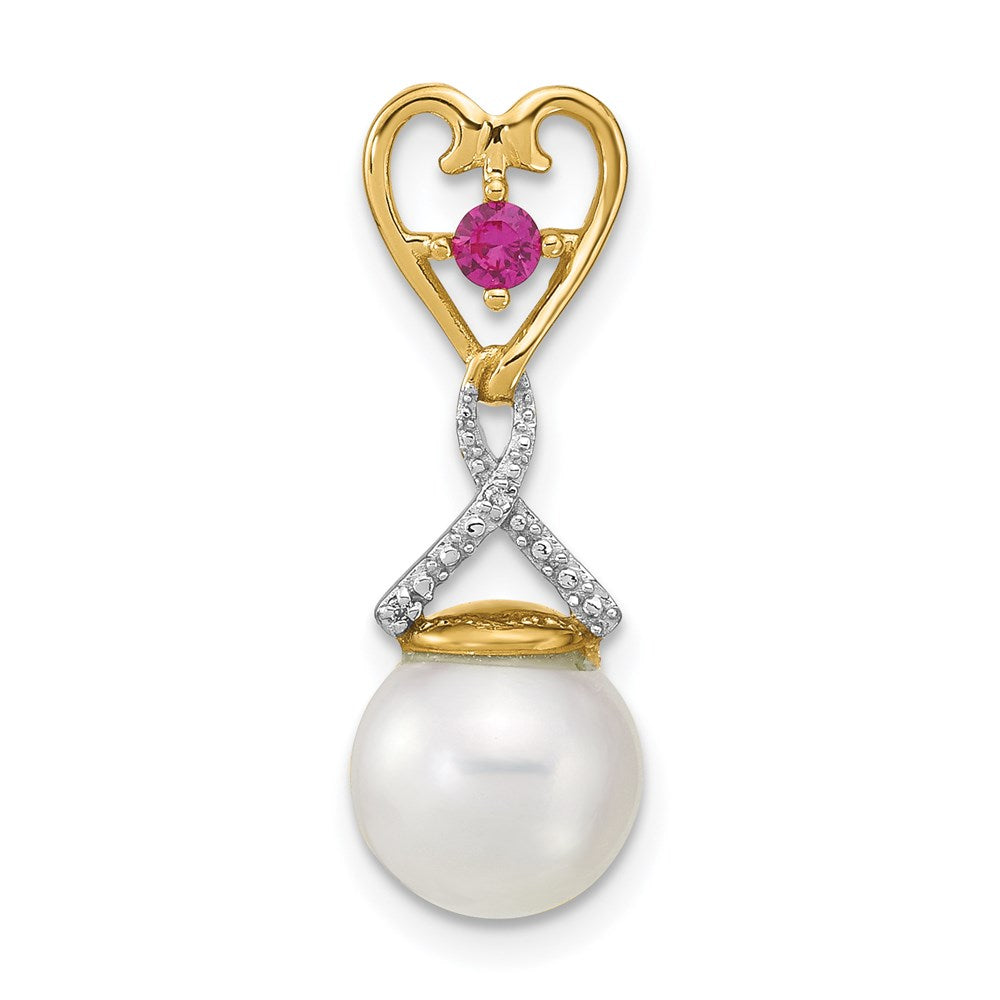 14k Diamond 8 9mm Round FW Cultured Pearl Created Composite Ruby Pendant