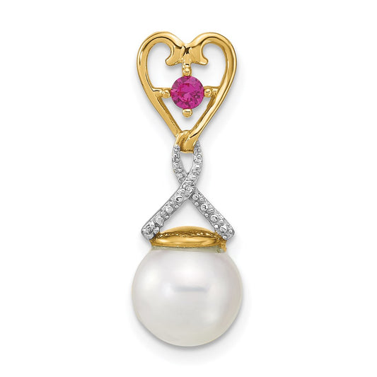 14k Diamond 8 9mm Round FW Cultured Pearl Created Composite Ruby Pendant
