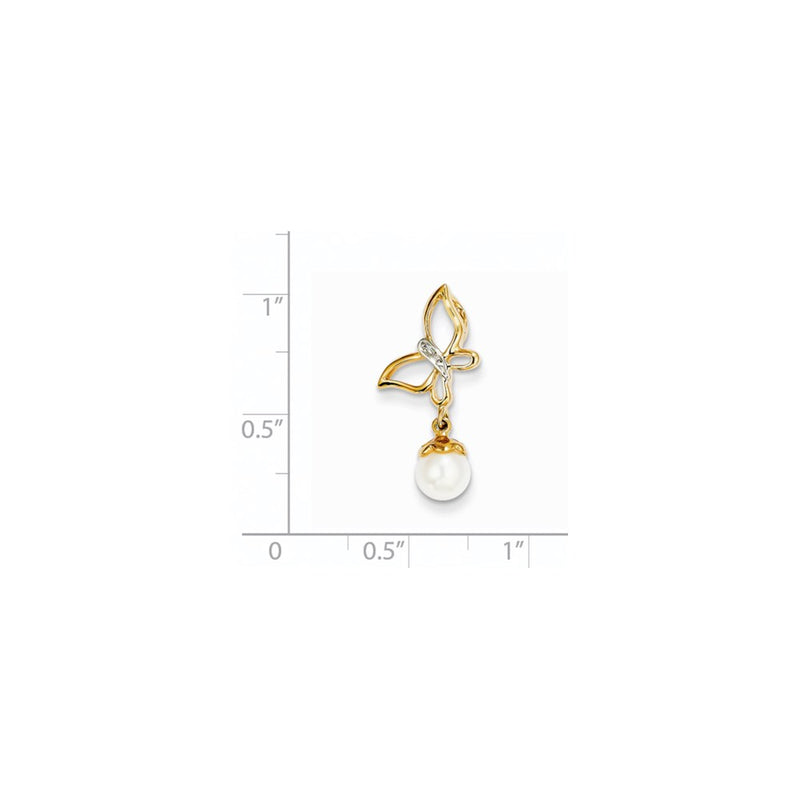 14K Yellow Gold Real Diamond and 6-7mm Round FW Cultured Pearl Butterfly Pendant