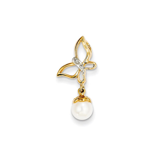 14K Yellow Gold Real Diamond and 6-7mm Round FW Cultured Pearl Butterfly Pendant