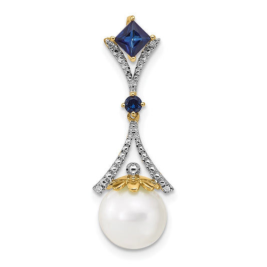 14k Diamond 8 9mm Round FW Cultured Pearl Created Sapphire Pendant