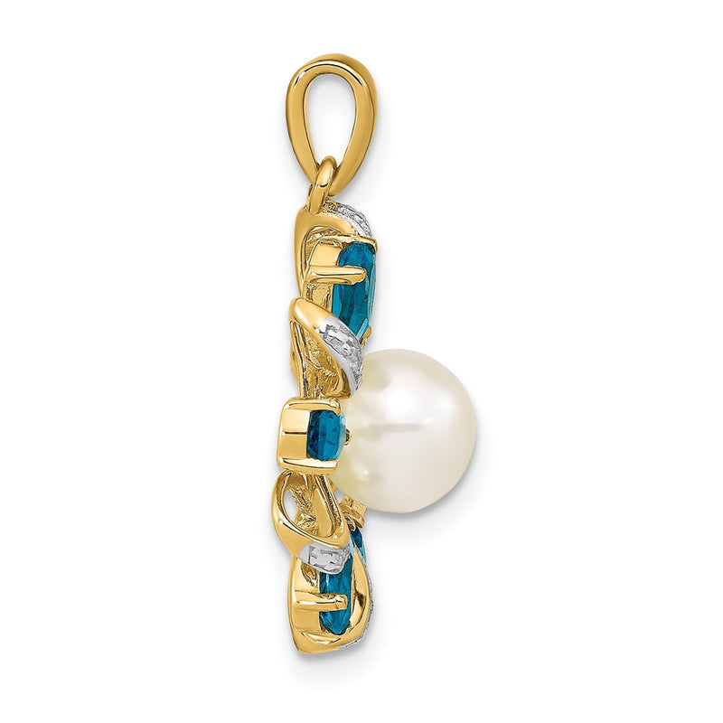 14k Diamond and 6 7mm Button FW Cultured Pearl/London Blue Topaz Pendant