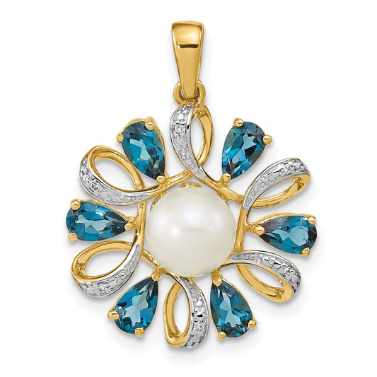14k Diamond and 6 7mm Button FW Cultured Pearl/London Blue Topaz Pendant