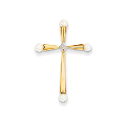 14K Yellow Gold Real Diamond and FW Cultured Pearl Cross Pendant