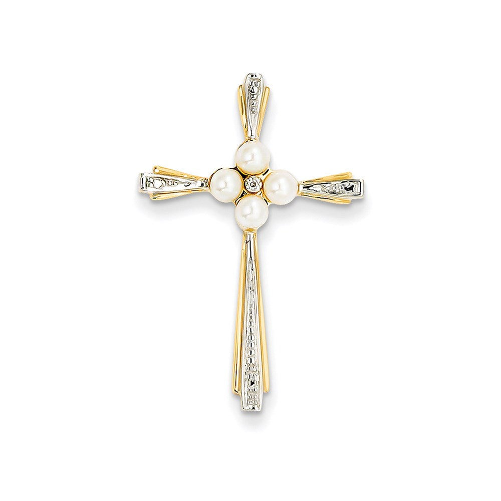 14K Yellow Gold Real Diamond and 3-4mm FW Cultured Pearl Cross Pendant