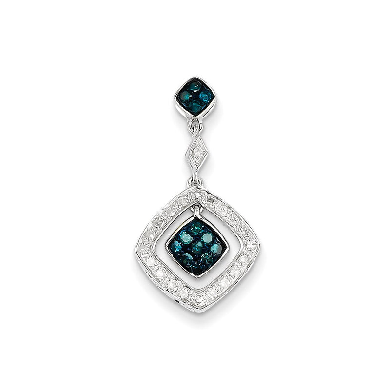 14k White Gold White & Blue Diamond Dangle Pendant