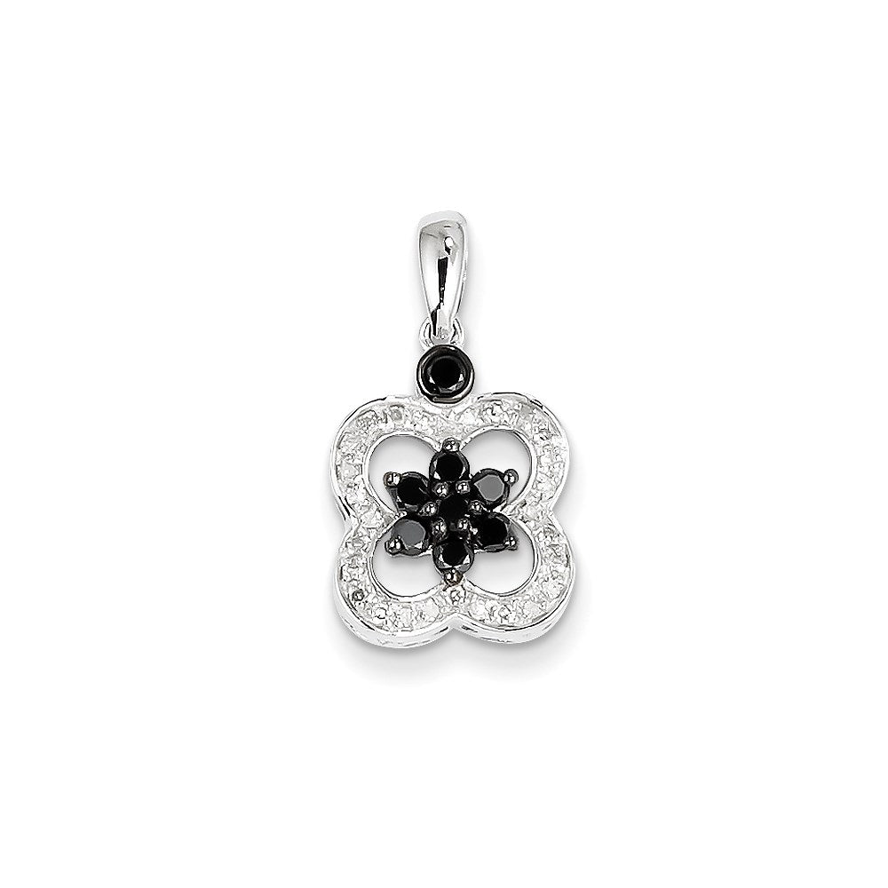 14K White Gold Black & White Real Diamond Flower Pendant