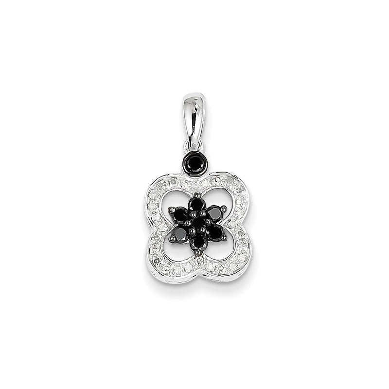 14K White Gold Black & White Real Diamond Flower Pendant