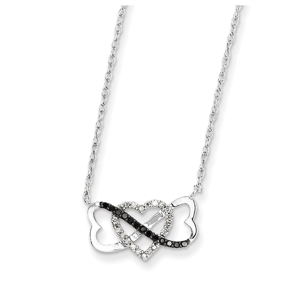 14k White Gold w/ Black and White Real Diamond Triple Heart Pendant