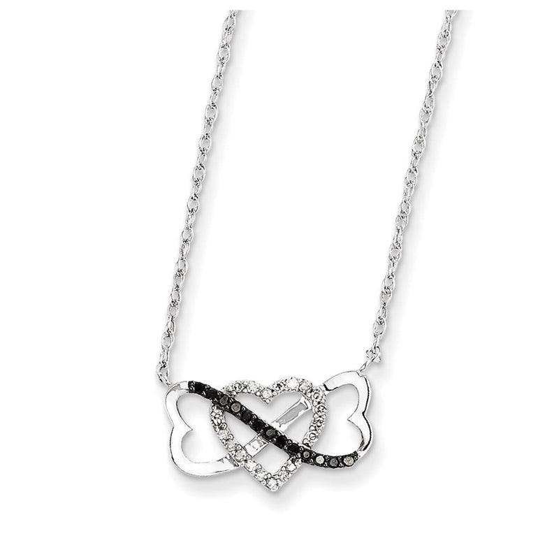 14k White Gold w/ Black and White Real Diamond Triple Heart Pendant