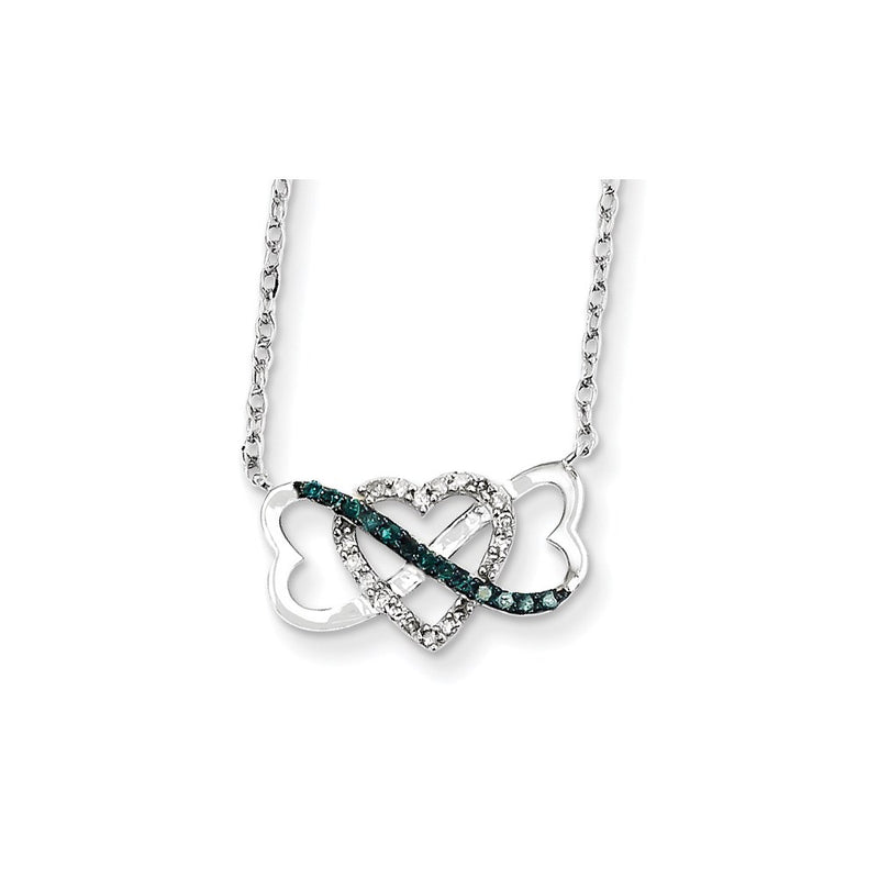 14k White Gold w/ Blue and White Diamond Triple Heart Pendant