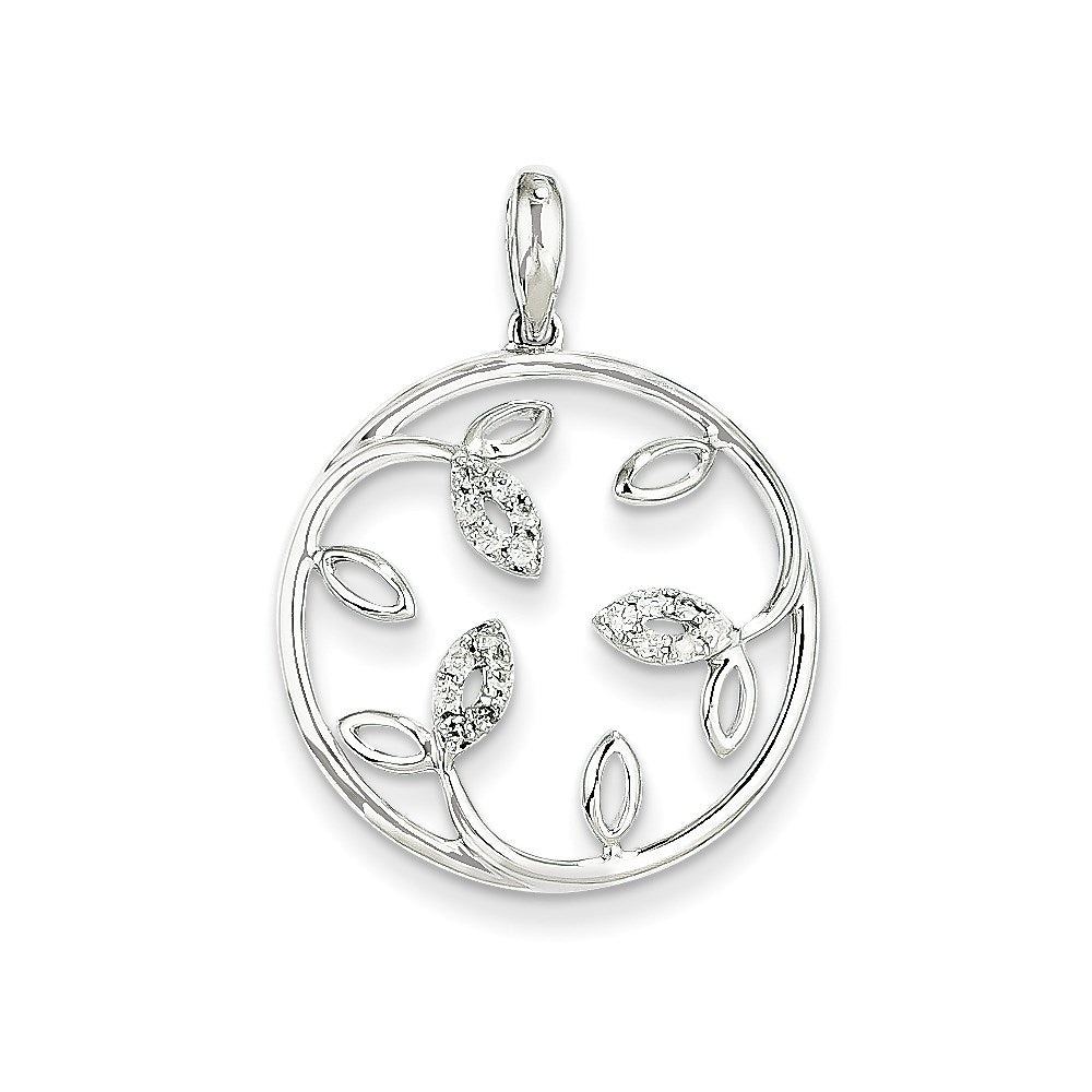 14K White Gold Circle Leaves Real Diamond Pendant