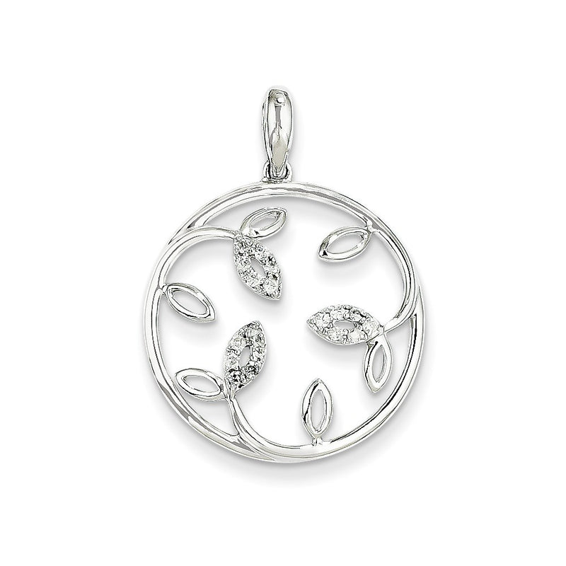 14K White Gold Circle Leaves Real Diamond Pendant
