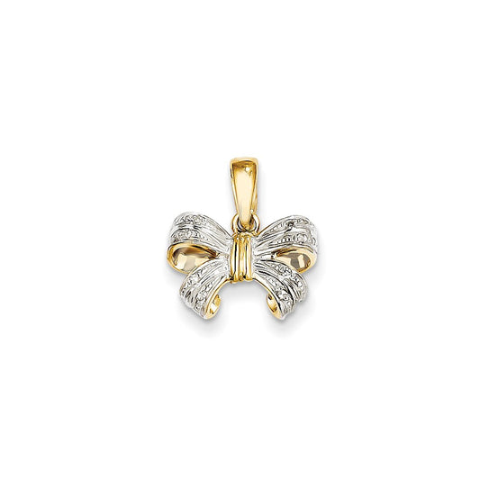 14K Yellow Gold Real Diamond Bow Pendant