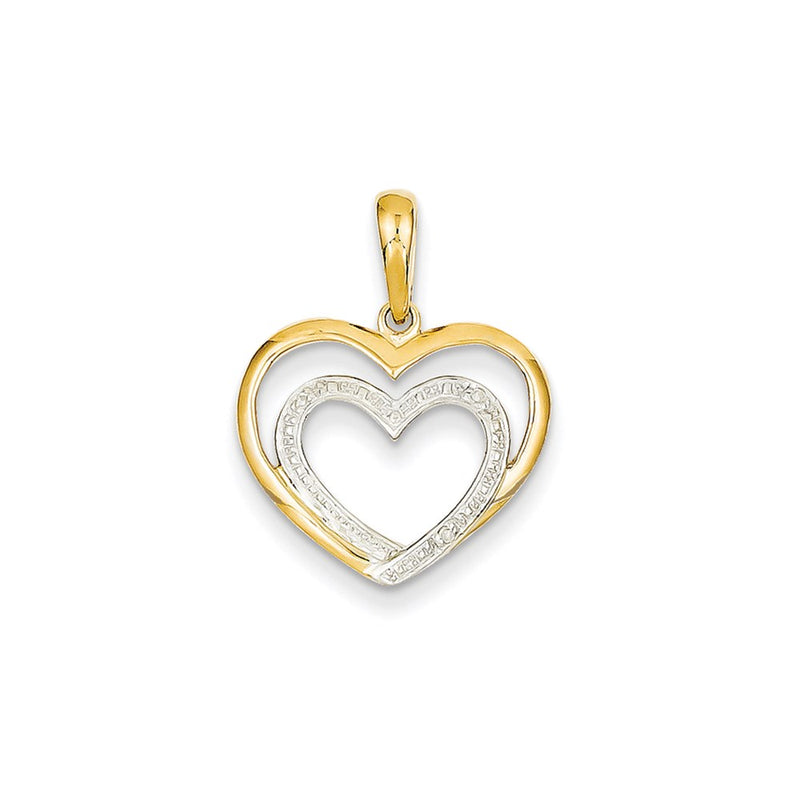 14K Yellow Gold Real Diamond & Rhodium Double Heart Pendant
