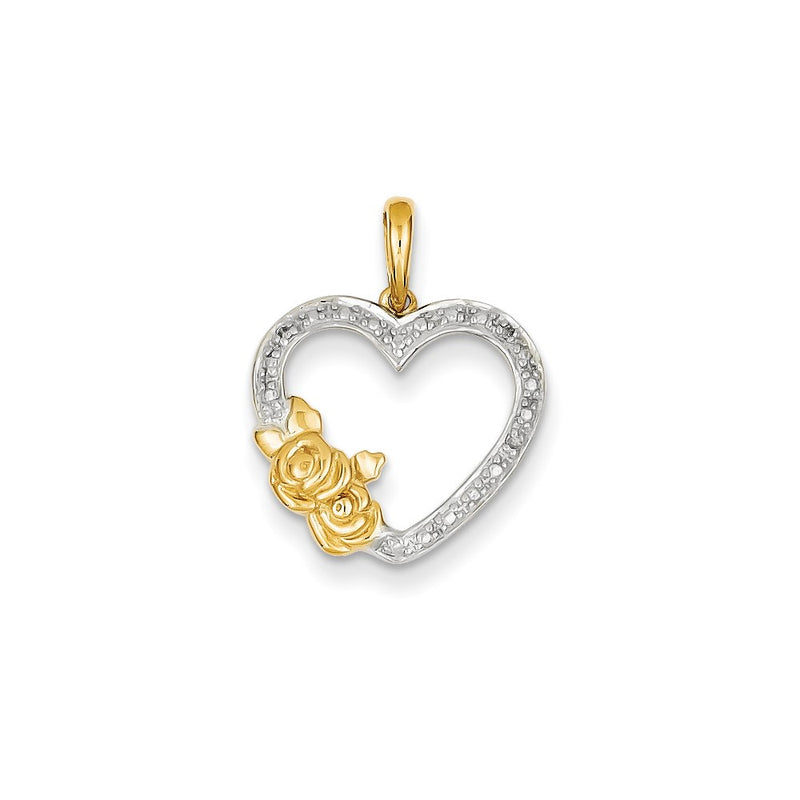 14K Yellow Gold Real Diamond & Rhodium Heart and Flowers Pendant