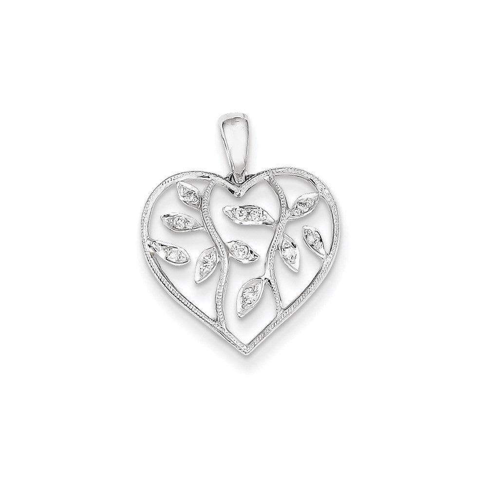 14K White Gold Real Diamond Heart w/ Leaves Pendant