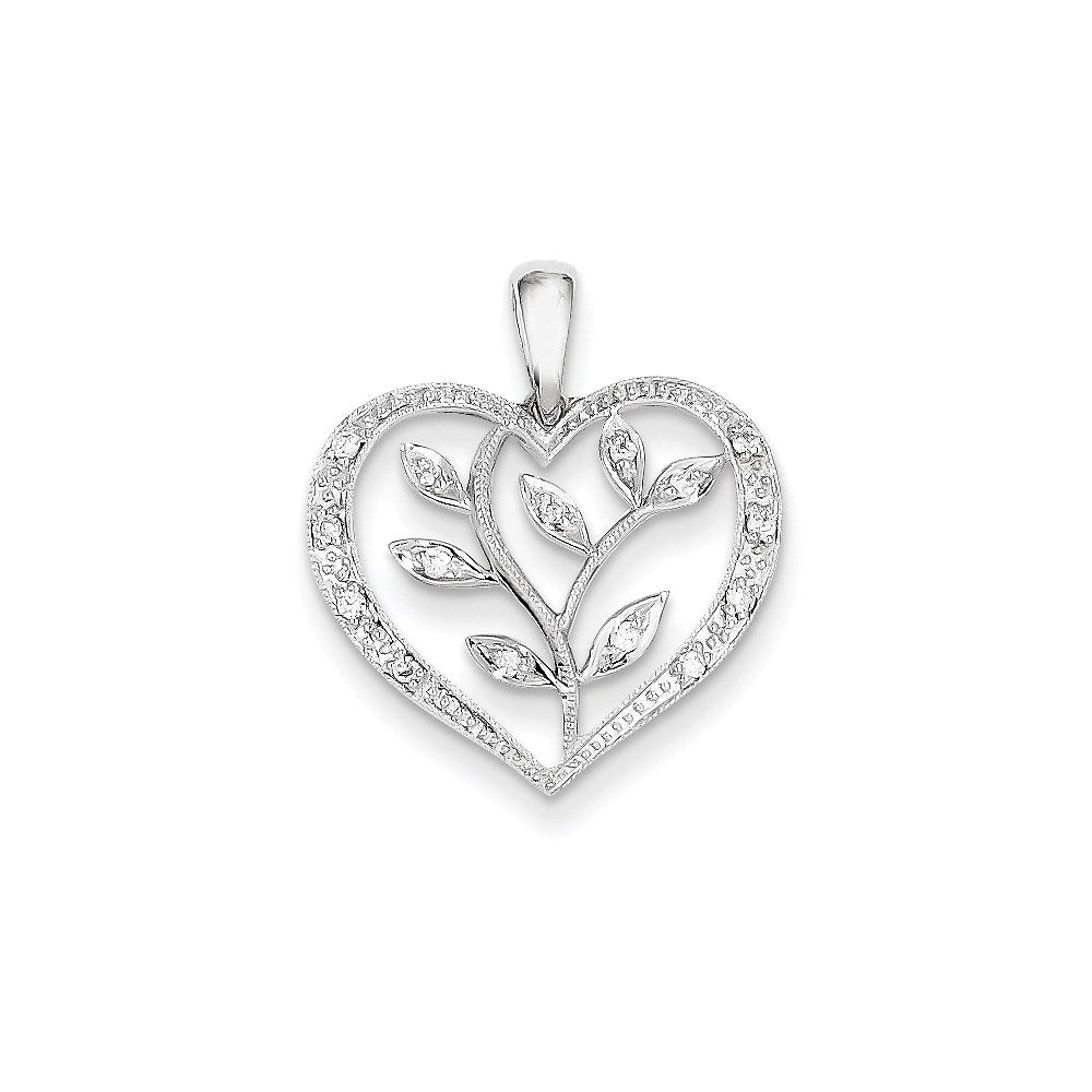 14K White Gold Real Diamond Heart w/ Leaves Pendant
