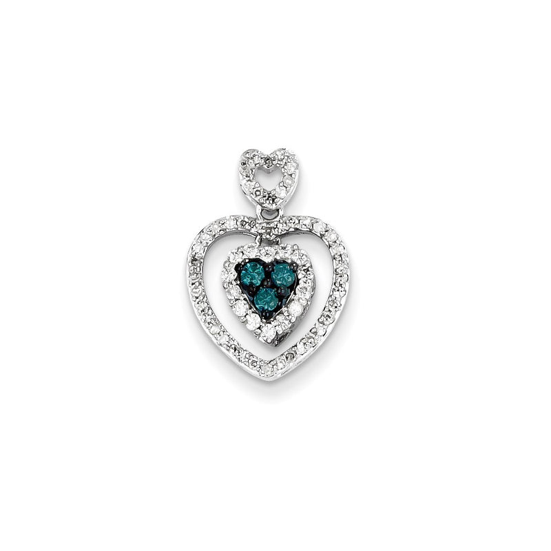 14k White Gold White & Blue Diamond Double Heart Pendant
