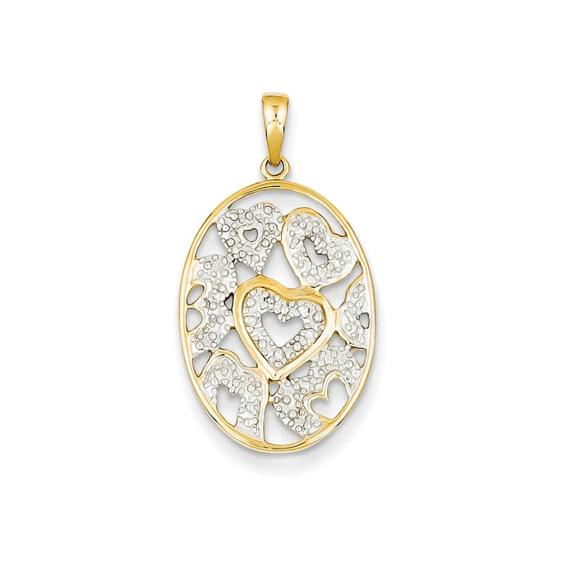 14K Yellow Gold Real Diamond Hearts in Oval Pendant