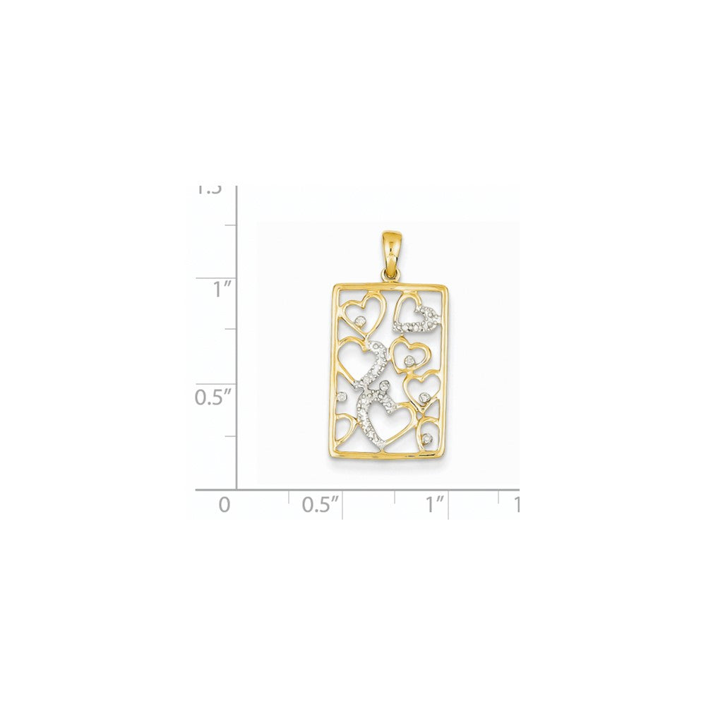 14K Yellow Gold Real Diamond Hearts in Rectangle Pendant