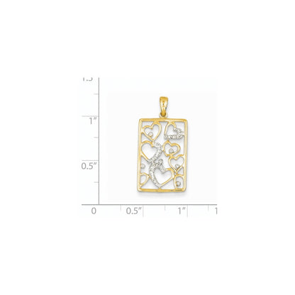 14K Yellow Gold Real Diamond Hearts in Rectangle Pendant