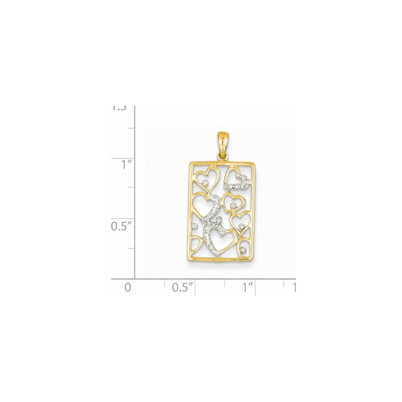 14K Yellow Gold Real Diamond Hearts in Rectangle Pendant