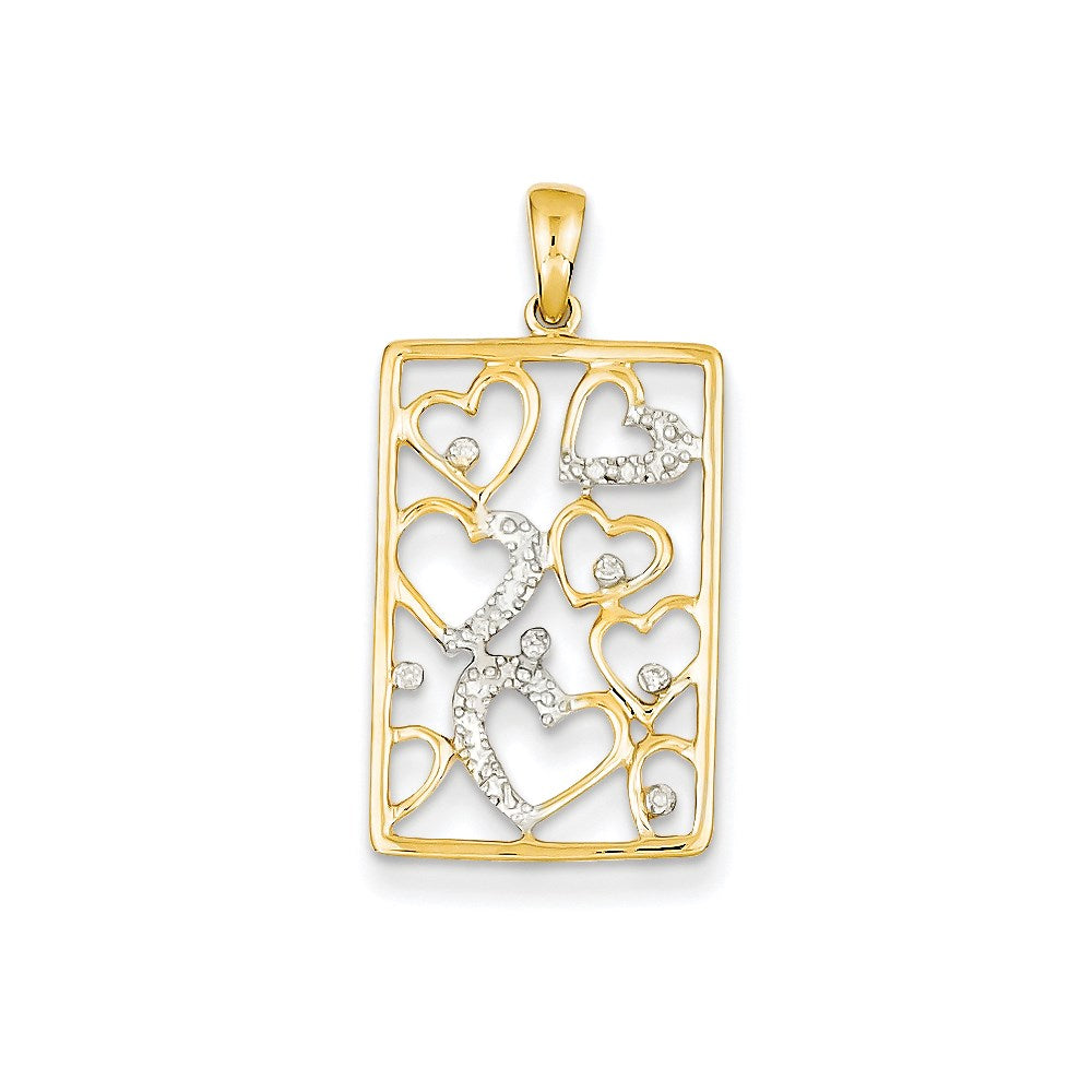 14K Yellow Gold Real Diamond Hearts in Rectangle Pendant