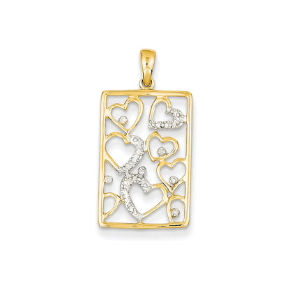 14K Yellow Gold Real Diamond Hearts in Rectangle Pendant