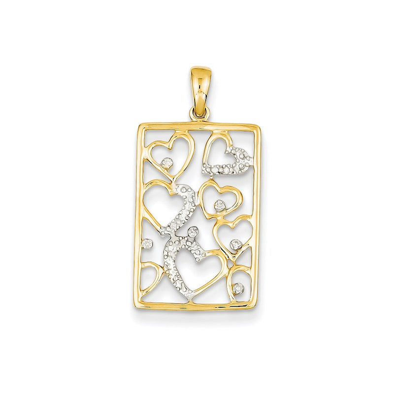 14K Yellow Gold Real Diamond Hearts in Rectangle Pendant