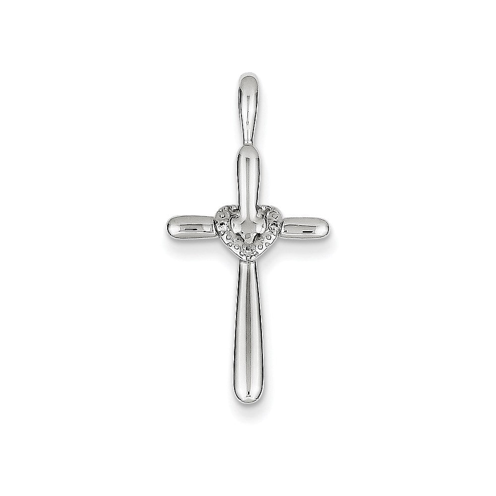 14K White Gold & Real Diamond Cross with Heart Pendant