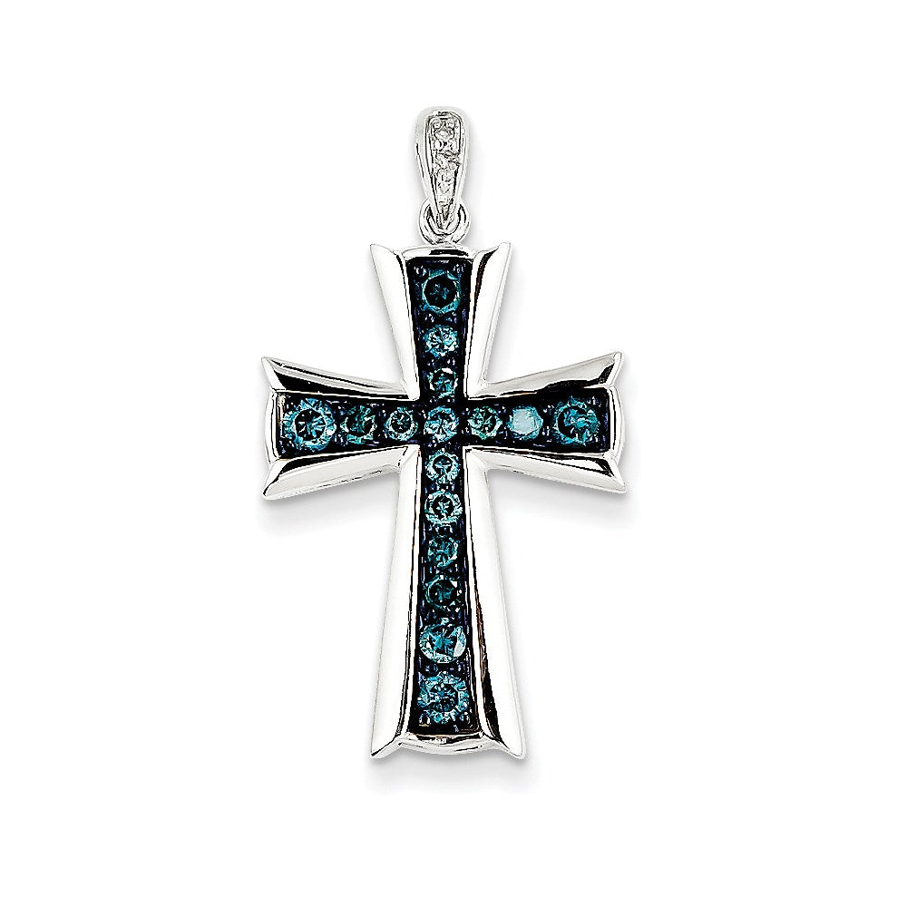 14k White Gold White & Blue Diamond Cross Pendant