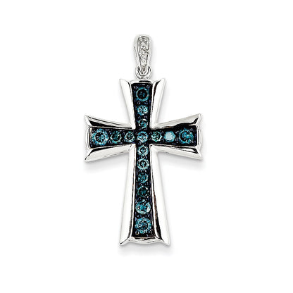 14k White Gold White & Blue Diamond Cross Pendant