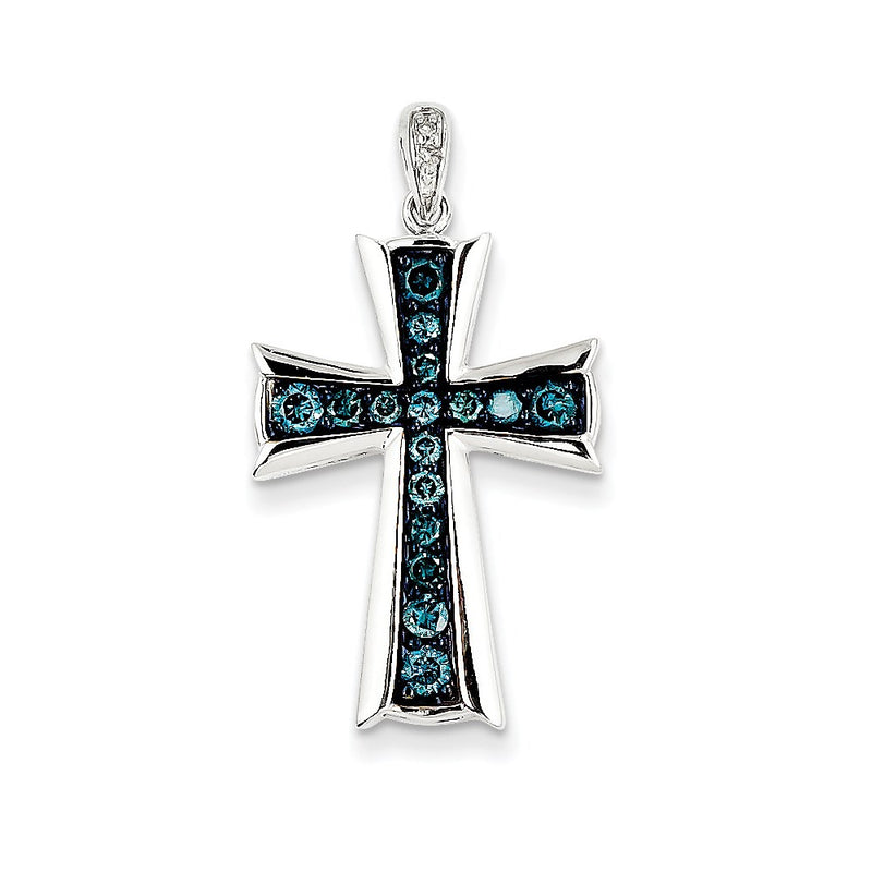 14k White Gold White & Blue Diamond Cross Pendant