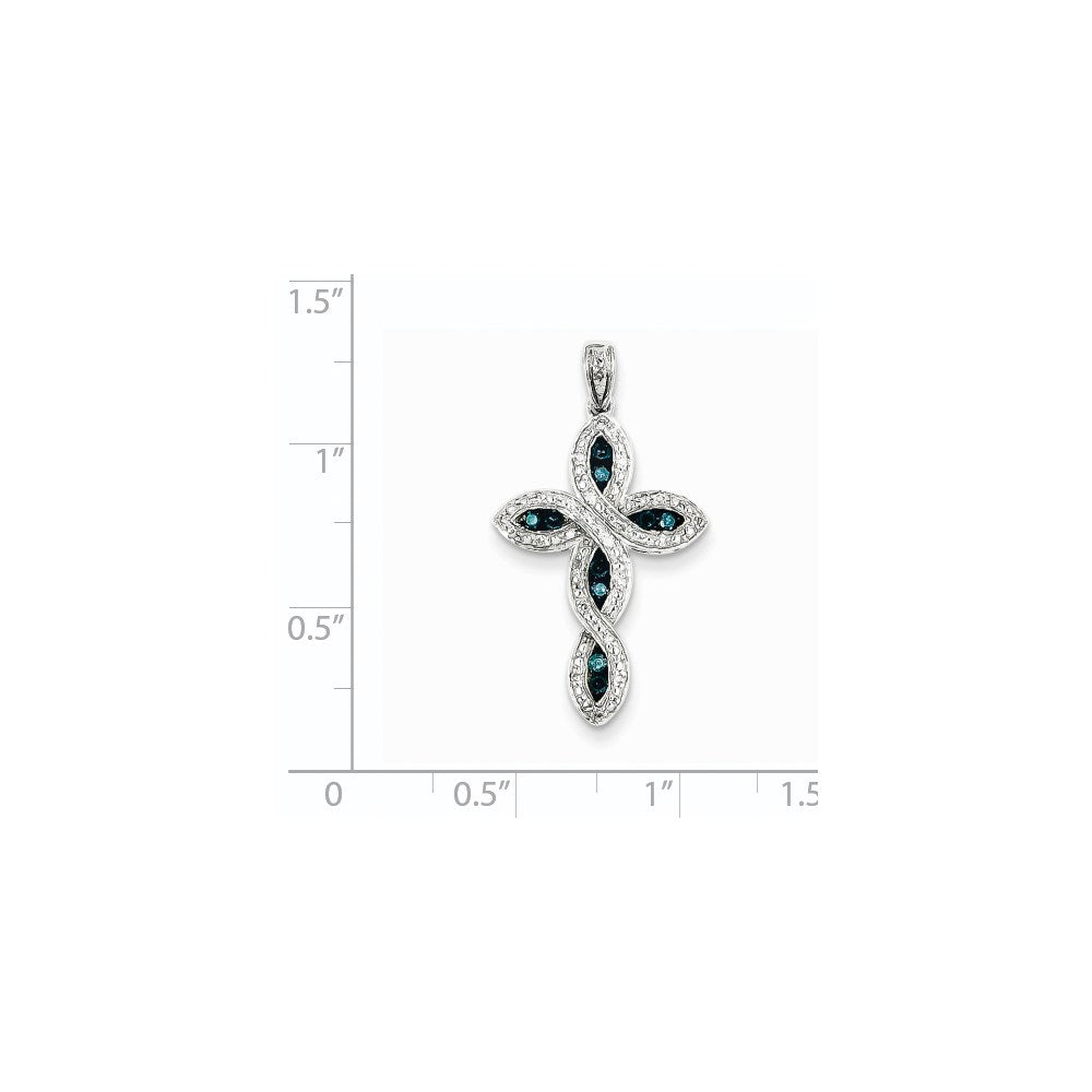 14k White Gold White & Blue Diamond Cross Pendant