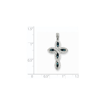 14k White Gold White & Blue Diamond Cross Pendant