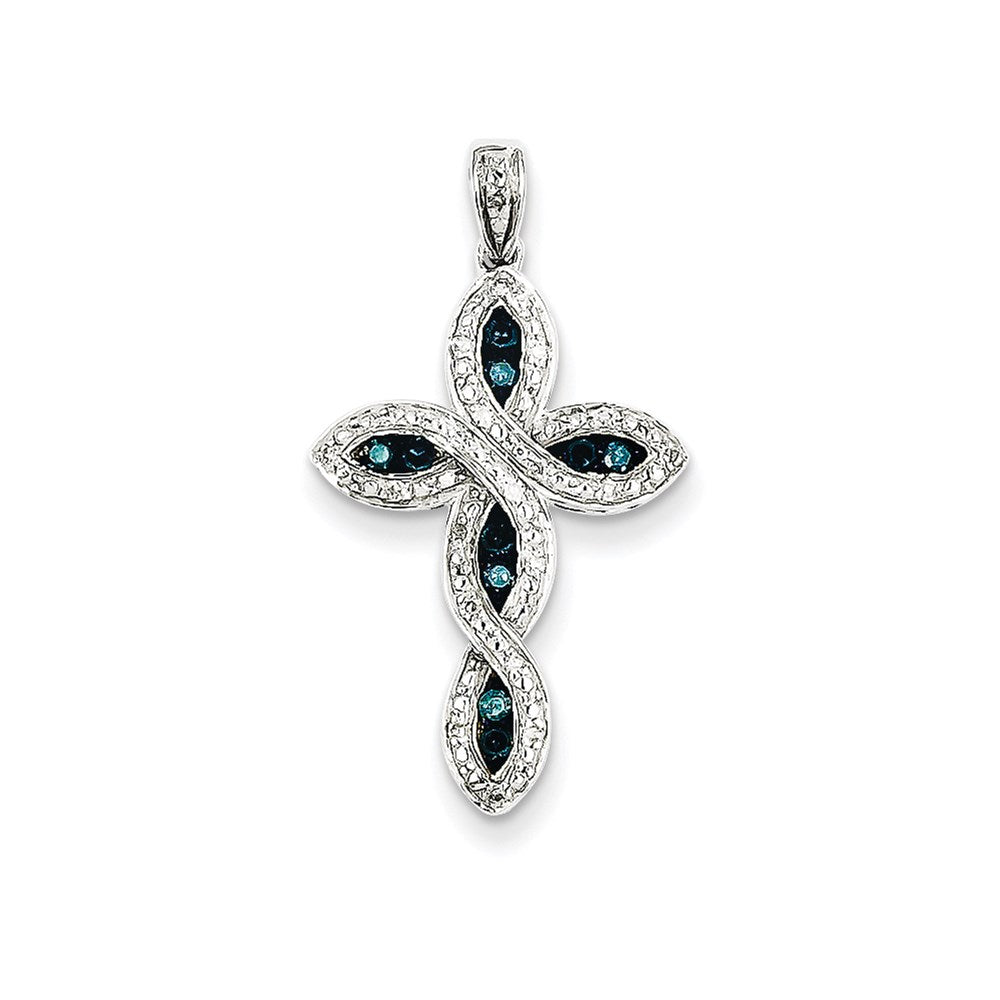 14k White Gold White & Blue Diamond Cross Pendant