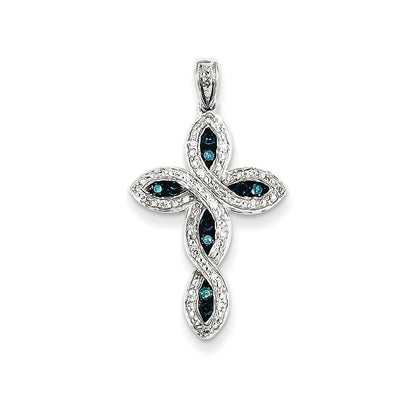 14k White Gold White & Blue Diamond Cross Pendant