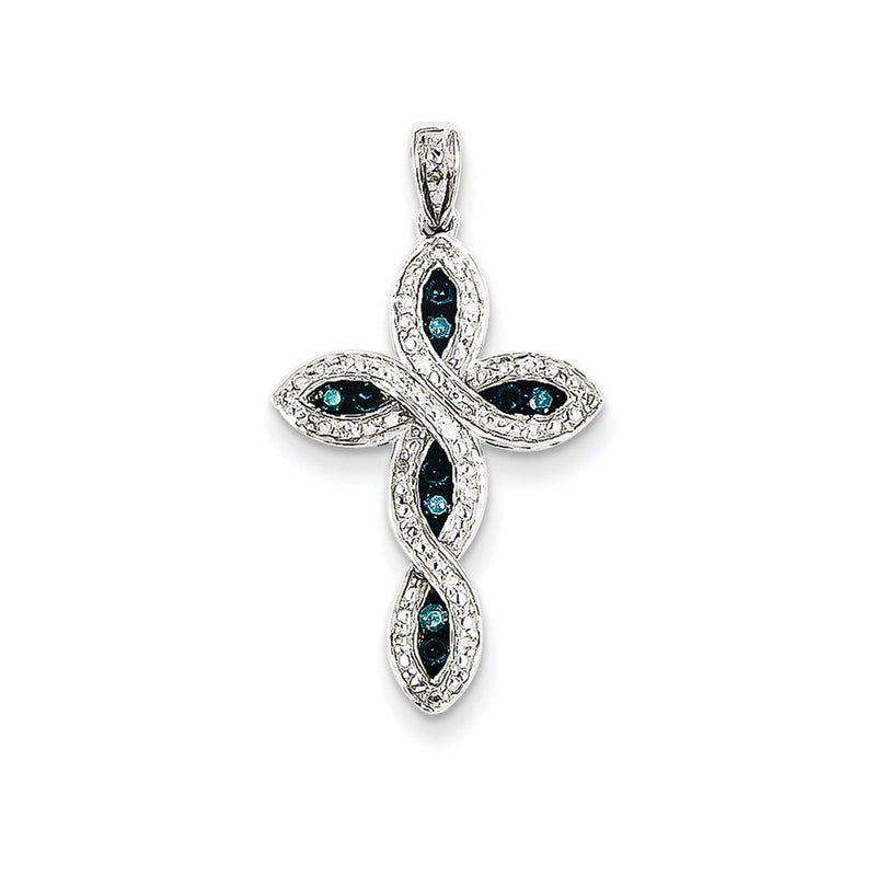 14k White Gold White & Blue Diamond Cross Pendant