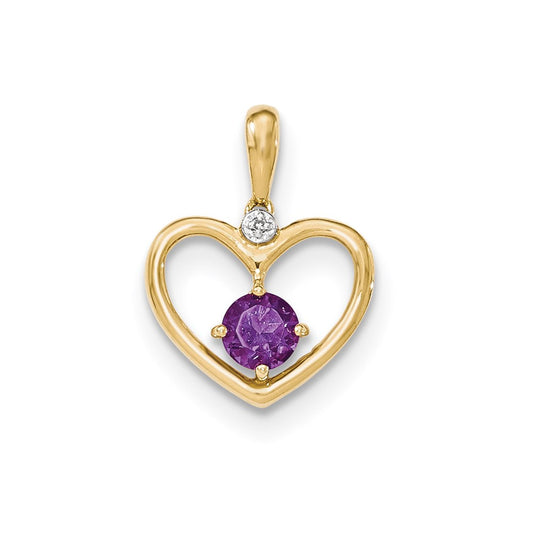 14K Yellow Gold Amethyst and Real Diamond Heart Pendant